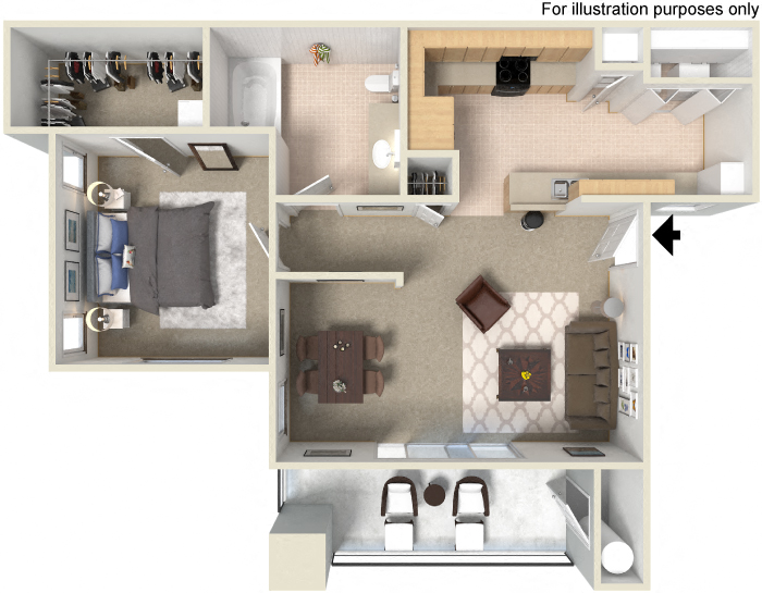 Floor plan for 1 bed, 1 bath, 750 sqft